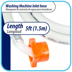 Appli Parts APIH-5934E2 5 ft Washing Machine Inlet Hose with 3/4 in nylon female connector straight and 90 degree elbow female connector with gaskets, PVC extra durable White hose