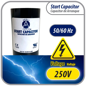 Appli Parts motor start capacitor 161-193 Mfd (microfarads) uF 250 VAC universal fit for electric motor applications 1-7/16 in Wide 3-3/8 in Height CON-161-250  