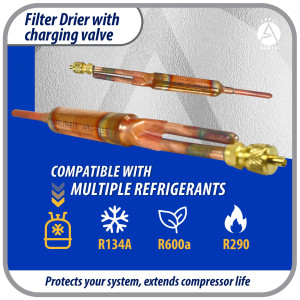 Appli Parts APFD-115S Copper Liquid line filter dryer with Charging Service Valve 1/4 x 1/4 in 15g 0.53oz for universal refrigeration and air conditioner applications 