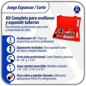 Appli Parts APT-FT278 Juego Expansor y Corte kit de herramientas incluye Avellanador de tubo de cobre, Llave ratchet y cortador de tubo de 1/8 hasta 3/4 de pulg