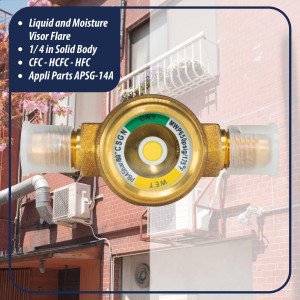 Appli Parts APSG-14A Visor de Liquido 1/4 pulg Flare e Indicador de Humedad con conexiones Rosca con cuerpo solido para Sistemas de Refrigeracion y Aire Acondicionado compatible con refrigerantes CFC, HCFC, HFC