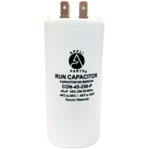 Appli Parts Run Capacitor for electric motors 45 Mfd uF (microfarads) 250VAC Plastic Case with terminals CBB60 Round Universal fit water pumps and others 4-1/4 in High 1-3/4 in Wide CON-45-250-P 