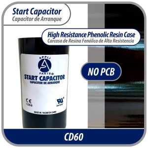 Appli Parts motor start capacitor 216-259 Mfd (microfarads) uF 110-125 VAC universal fit for electric motor applications 1-7/16 in Diameter 3-3/8 in Height CON-216-110
