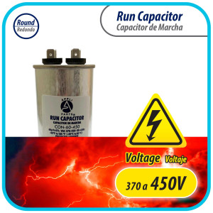 Appli Parts Run Capacitor for ac 60 Mfd uF (microfarads) 370 VAC or 450 VAC CBB65 Round Universal fit for hvac and other applications 5-7/16 in High 2 in Wide CON-60-450