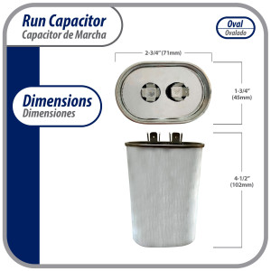 Appli Parts Condensador Capacitor de Marcha 55 Mfd uF (microfaradios) 370VAC CBB65 Universal Aire acondicionado y otras aplicaciones Ovalado UL E476928 7.1cm Ancho 4.5cm Prof 10.2cm Alto CON-55-370