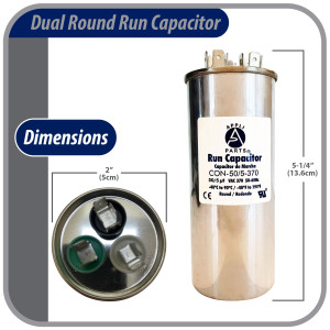 Appli Parts Dual Run Capacitor for ac 50+5 Mfd uF (microfarads) 370VAC CBB65 Round Universal fit for hvac and other applications 2 in Wide 5-1/4 in Height CON-50/5-370-R  