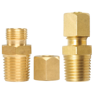 Appli Parts APWF-100BC 1/4 in Brass Compression Fitting reduction coupling for in line water filter with Male 3/8 in NPT connection for Copper or PVC tubing