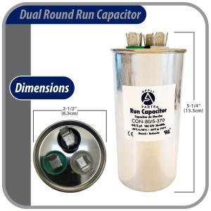Appli Parts Dual Run Capacitor for ac 80+5 Mfd uF (microfarads) 370VAC CBB65 Round Universal fit for hvac and other applications 2-1/2 in Wide 5-1/4 in Height CON-80/5-370-R

