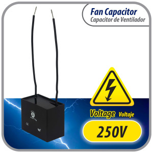 Appli Parts Fan Capacitor 9 mfd (microfarads) uf 250 VAC with 2 Wire Terminal Connections compatible with any brand with same capacitance 2-1/4in Width 3/4in Depth 1-3/8in Height CAP-9-250-2C