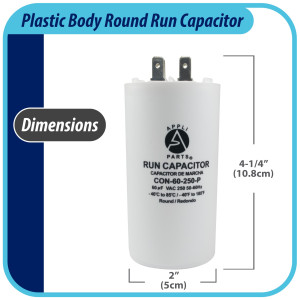 Appli Parts Condensador Capacitor de Marcha 60 Mfd uF (microfaradios) 250VAC CBB60 Cuerpo plastico para bombas de agua y otras aplicaciones Redondo UL E476928 10.8 cm Alto 5 cm Ancho CON-60-250-P