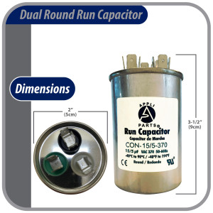 Appli Parts Condensador Capacitor de Marcha 15+5 Mfd uF (microfaradios) 370VAC CBB65 Universal Aire acondicionado y otras aplicaciones Redondo UL E476928 5cm Ancho 9cm Alto CON-15/5-370-R