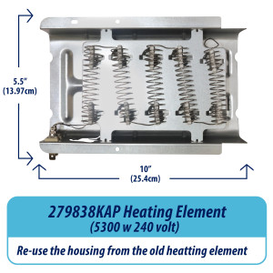 279838 Appli Parts dryer Heater Element 279838KAP KIT: 279838 dryer heating element, 3977767 thermostat, 3387134 thermostat, 3392519 thermal fuse, 3977393 thermal fuse replacements
