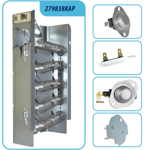 279838 Appli Parts dryer Heater Element 279838KAP KIT: 279838 dryer heating element, 3977767 thermostat, 3387134 thermostat, 3392519 thermal fuse, 3977393 thermal fuse replacements
