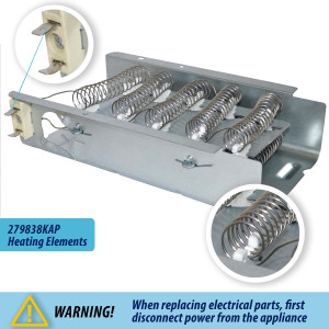 279838 Appli Parts dryer Heater Element 279838KAP KIT: 279838 dryer heating element, 3977767 thermostat, 3387134 thermostat, 3392519 thermal fuse, 3977393 thermal fuse replacements
