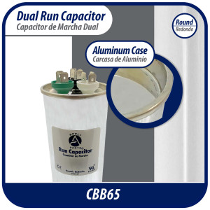 Appli Parts Dual Run Capacitor for ac 70+7.5 Mfd uF (microfarads) 370VAC or 450VAC CBB65 Round Universal fit for hvac and other applications 5-1/4 in High 2-1/4 in Wide CON-70/7.5-450