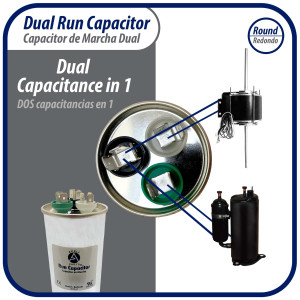 Appli Parts CON-45/7.5-450 Dual Run Capacitor for ac 45+7.5 Mfd uF (microfarads) 370VAC or 450VAC CBB65 Round Universal fit for hvac and other applications 5-3/8 in High 2 in Wide