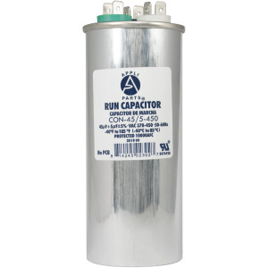 Appli Parts Dual Run Capacitor for ac 45+5 Mfd uF (microfarads) 370VAC or 450VAC CBB65 Round Universal fit for hvac and other applications 5-1/4 in High 2 in Wide CON-45/5-450   