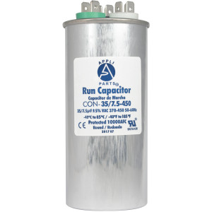 Appli Parts CON-35/7.5-450 Dual Run Capacitor for ac 35+7.5 Mfd uF (microfarads) 370VAC or 450VAC CBB65 Round Universal fit for hvac and other applications 4-3/4 in High 2 in Wide