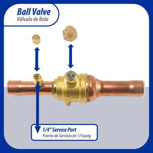 Appli Parts APBV-034 Valvula de Cierre 3/4 in tipo Bola de conexion soldable con puerto de servicio SAE de 1/4 in, presion maxima de trabajo 610 psi temperaturas de -30 C a 120 C longitud total 180mm