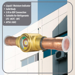 Appli Parts APSG-58AS Visor de Liquido 5/8 pulg Indicador de Humedad con conexiones Soldable con cuerpo solido para Sistemas de Refrigeracion y Aire Acondicionado compatible con refrigerantes CFC, HCFC, HFC