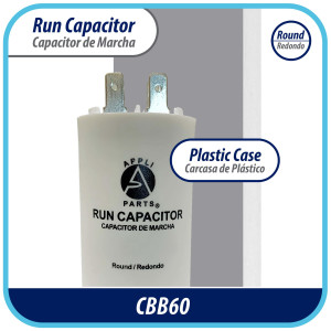 Appli Parts Condensador Capacitor de Marcha 75 Mfd uF (microfaradios) 250VAC CBB60 Cuerpo plastico para bombas de agua y otras aplicaciones Redondo UL E476928 CON-75-250-P