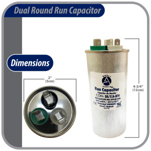 Appli Parts Dual Run Capacitor for ac 35+7.5 Mfd uF (microfarads) 370VAC CBB65 Round Universal fit for hvac and other applications 2 in Wide 4-3/4 in Height CON-35/7.5-370-R  