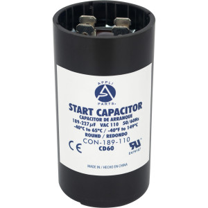 Appli Parts motor start capacitor 189-227 Mfd (microfarads) uF 110-125 VAC universal fit for electric motor applications 1-7/16 in Diameter 2-3/4 in Height CON-189-110 

