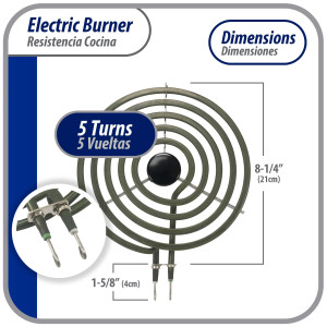 MP21YA Appli Parts Parts Surface Burner Heating Element 5 Turns, 8 in, 2100 W, 240 V, Compatible with Whirlpool 8053268, 9761345, 8053268, 9761345, 4165352, 4389732, 4163771, 877983, 879066