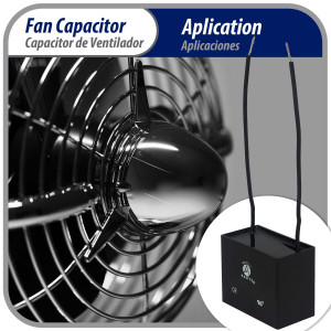 Appli Parts Fan Capacitor 6 mfd (microfarads) uf 250 VAC with 2 Wire Terminal Connections compatible with any brand with same capacitance 1-7/8in Width 3/4in Depth 1-3/8in Height CAP-6-250-2C