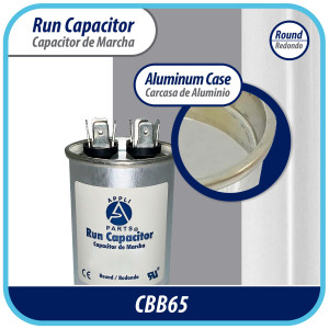 Appli Parts Run Capacitor for ac 80 Mfd uF (microfarads) 370 VAC or 450 VAC CBB65 Round Universal fit for hvac and other applications 5-1/4 in High 2 in Wide CON-80-450 