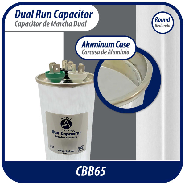 Appli Parts Dual Run Capacitor for ac 45+10 Mfd uF (microfarads) 370VAC or 450VAC Round Universal fit for hvac and other applications 5-3/8 in High 2-1/8 in Wide CON-45/10-450
 Appli Parts Dual Run Capacitor for ac 45+10 Mfd uF (microfarads) 370VAC or 450VAC Round Universal fit for hvac and other applications 5-3/8 in High 2-1/8 in Wide CON-45/10-450