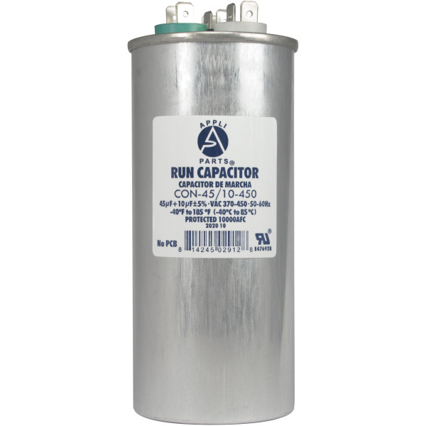 Appli Parts Dual Run Capacitor for ac 45+10 Mfd uF (microfarads) 370VAC or 450VAC Round Universal fit for hvac and other applications 5-3/8 in High 2-1/8 in Wide CON-45/10-450
 Appli Parts Dual Run Capacitor for ac 45+10 Mfd uF (microfarads) 370VAC or 450VAC Round Universal fit for hvac and other applications 5-3/8 in High 2-1/8 in Wide CON-45/10-450