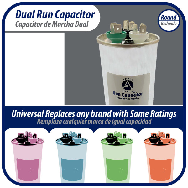 Appli Parts Dual Run Capacitor for ac 45+10 Mfd uF (microfarads) 370VAC or 450VAC Round Universal fit for hvac and other applications 5-3/8 in High 2-1/8 in Wide CON-45/10-450
 Appli Parts Dual Run Capacitor for ac 45+10 Mfd uF (microfarads) 370VAC or 450VAC Round Universal fit for hvac and other applications 5-3/8 in High 2-1/8 in Wide CON-45/10-450