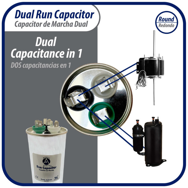 Appli Parts Dual Run Capacitor for ac 45+10 Mfd uF (microfarads) 370VAC or 450VAC Round Universal fit for hvac and other applications 5-3/8 in High 2-1/8 in Wide CON-45/10-450
 Appli Parts Dual Run Capacitor for ac 45+10 Mfd uF (microfarads) 370VAC or 450VAC Round Universal fit for hvac and other applications 5-3/8 in High 2-1/8 in Wide CON-45/10-450