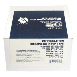 Appli Parts Termostato de refrigeracion para neveras, congeladores, exhibidores frios SPST Entrada fria -17.5 C Corte frio -24 C Corte Caliente -10 C Capilar 1200 mm remplaza K50P-1126 APRT-1126