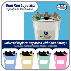 Appli Parts Condensador Capacitor de Marcha 50+5 Mfd uF (microfaradios) 370VAC CBB65 Universal Aire acondicionado y otras aplicaciones Ovalado UL E476928 5.1cm Ancho 2.5cm Prof 10.2cm Alto CON-50/5-370