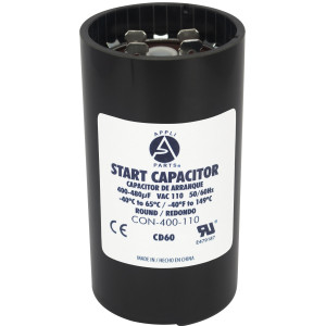 Appli Parts motor start capacitor 400-480 Mfd (microfarads) uF 110-125 VAC universal fit for electric motor applications 1-3/4 in Wide 3-3/8 in Height CON-400-110


