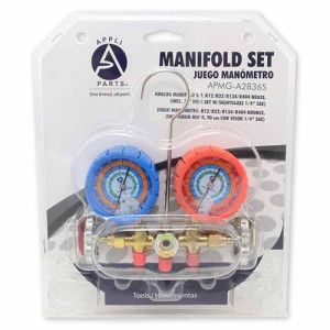 Appli Parts Analog Manifold Set R12/R22/R134/R404 Brass Includes 36in Hose Set With Sightglass 1/4in sae Apmg-A2b36s Ref. Ct-536g