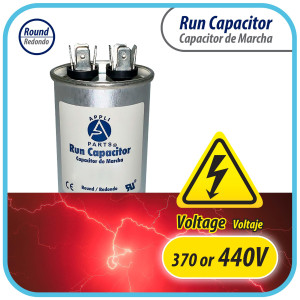 Appli Parts Run Capacitor for ac 25 Mfd uF (microfarads) 370 VAC or 450 VAC CBB65 Round Universal fit for hvac and other applications in High in Wide CON-25-450 