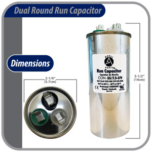 Appli Parts Dual Run Capacitor for ac 60+10 Mfd uF (microfarads) 370VAC CBB65 Round Universal fit for hvac and other applications 2-1/4 in Wide 5-1/2 in Height CON-60/10-370-R  