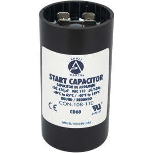 Appli Parts motor start capacitor 108-130 Mfd (microfarads) uF 110-125 VAC universal fit for electric motor applications 1-7/16 in Diameter 2-3/4 in Height CON-108-110

