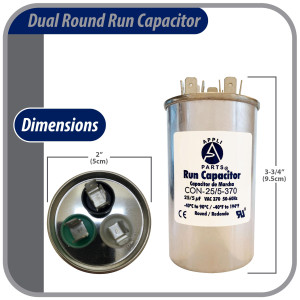 Appli Parts Dual Run Capacitor for ac 25+5 Mfd uF (microfarads) 370VAC CBB65 Round Universal fit for hvac and other applications 2 in Wide 3-3/4 in Height CON-25/5-370-R  