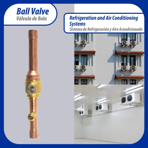 Appli Parts APBV-012 Valvula de Cierre 1/2 in tipo Bola de conexion soldable con puerto de servicio SAE de 1/4 in, presion maxima de trabajo 610 psi temperaturas de -30 C a 120 C longitud total 165mm