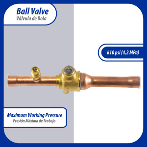 Appli Parts APBV-012 Valvula de Cierre 1/2 in tipo Bola de conexion soldable con puerto de servicio SAE de 1/4 in, presion maxima de trabajo 610 psi temperaturas de -30 C a 120 C longitud total 165mm