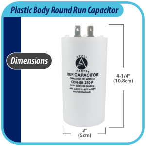 Appli Parts Condensador Capacitor de Marcha 55 Mfd uF (microfaradios) 250VAC CBB60 Cuerpo plastico para bombas de agua y otras aplicaciones Redondo UL E476928 10.8 cm Alto 5 cm Ancho CON-55-250-P Appli Parts Condensador Capacitor de Marcha 55 Mfd uF (microfaradios) 250VAC CBB60 Cuerpo plastico para bombas de agua y otras aplicaciones Redondo UL E476928 10.8 cm Alto 5 cm Ancho CON-55-250-P