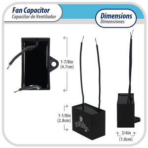 Appli Parts Condensador Capacitor de ventilador 5.5 mfd (microfaradios) uf 250VAC con 2 cables compatible con cualquier marca de igual capacitancia CAP-5.5-250-2C 