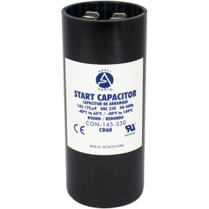 Appli Parts motor start capacitor 145-175 Mfd (microfarads) uF 330 VAC universal fit for electric motor applications 1-7/16 in Wide 3-3/8 in Height CON-145-330

