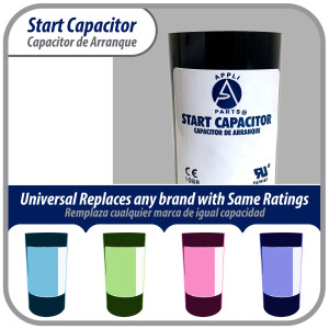 Appli Parts motor start capacitor 708-850 Mfd (microfarads) uF 250 VAC universal fit for electric motor applications 1-3/4 in Diameter 4-3/8 in Height CON-708-250

