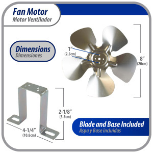 Appli Parts APFM-71E Motor Ventilador 7W Condensador y Evaporador 115V 60Hz 0.55A, Incluye Aspa de Aluminio de 20cm y Base de Montaje, Repuesto Universal para Equipos de Refrigeracion Comercial