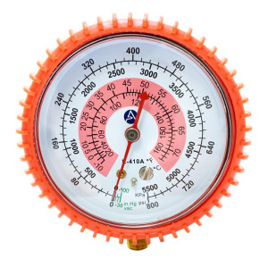 Appli Parts APMG-GA1H Esfera Alta R410 para Manometro 1/4 pulg SAE, Escala Dual Presion Kpa/psi, Escala Dual Temperatura Fahrenheit/Centigrados